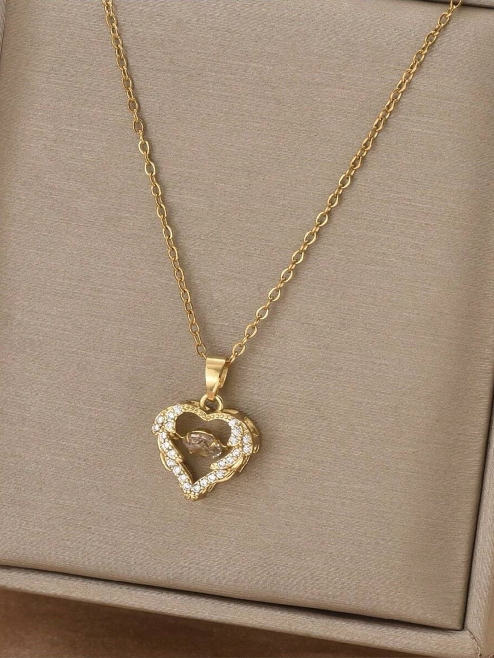Gold Heart Crystal Clear Pendant Necklace.